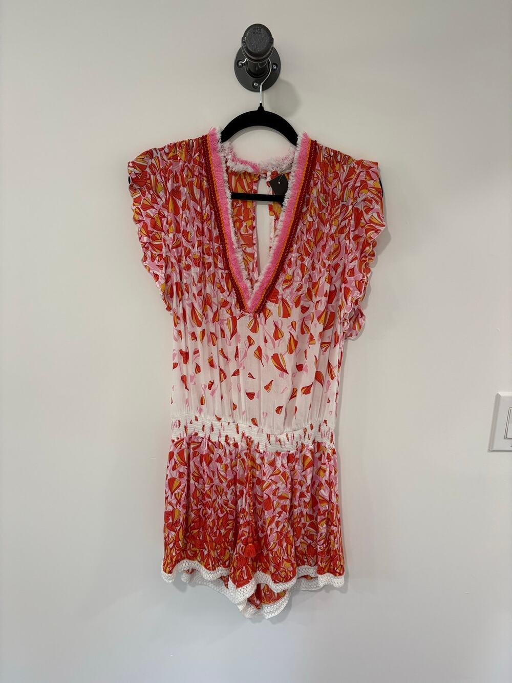 Poupette St Barth Pink Romper with Ruffle Sleeves Drawstring Waist Size Large